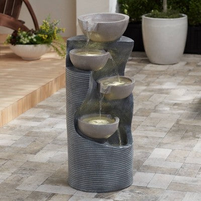  Tarin Four Bowl 31 1/2" High Large Modern Indoor Outdoor Decor Faux Stone Floor Fountain With Light LED Cascading Outside Garden