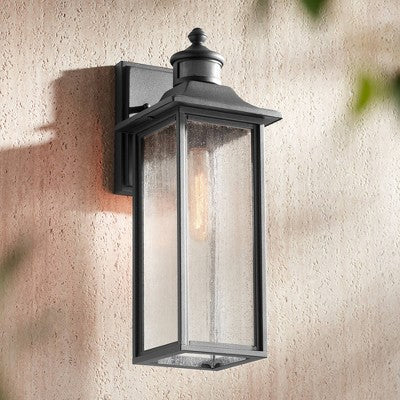  John Timberland Mission Outdoor Wall Light Fixtures Set Of 2 Black Motion Sensor 16 1/2" Seeded Glass For Post Exterior Barn Deck