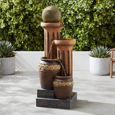  John Timberland Sphere Jugs And Column Rustic Cascading Outdoor Floor Water Fountain With LED Light 50" For Yard Garden Patio Home Deck Porch House