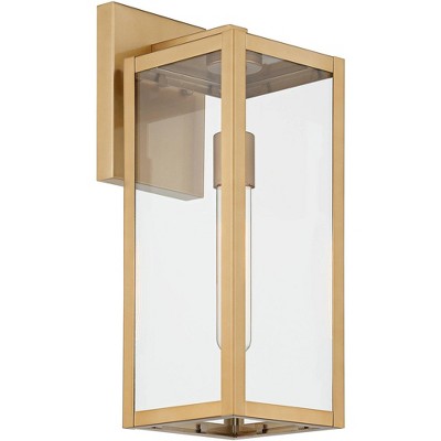  John Timberland Titan Modern Outdoor Wall Light Fixtures Set Of 2 Soft Gold Rectangular Frame 17" Clear Glass For Post Exterior Barn