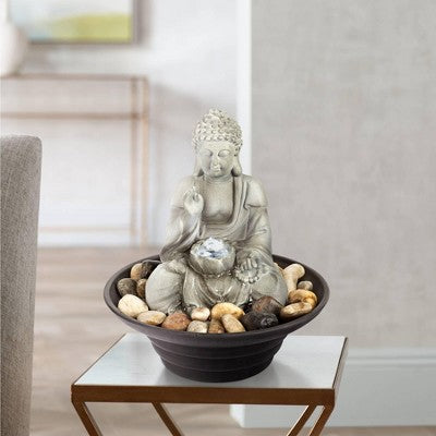  John Timberland Zen Buddha Indoor Tabletop Water Fountain With Light LED 10" High Sitting For Table Desk Office Relaxation