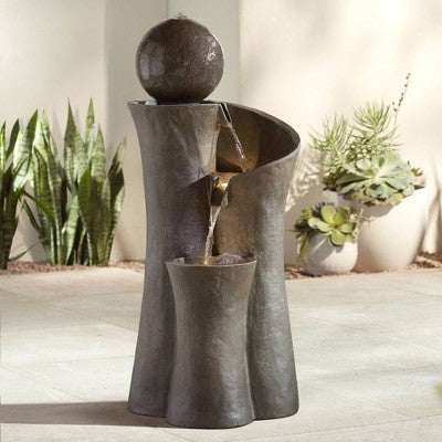  John Timberland Modern Sphere Curve Zen Outdoor Floor Water Fountain 39 1/2" With LED Light For Exterior Garden Yard Lawn