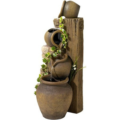  John Timberland Cascading Rustic Three Jugs Outdoor Floor Water Fountain 33" For Yard Garden Patio Home Deck Porch House Exterior Balcony Roof