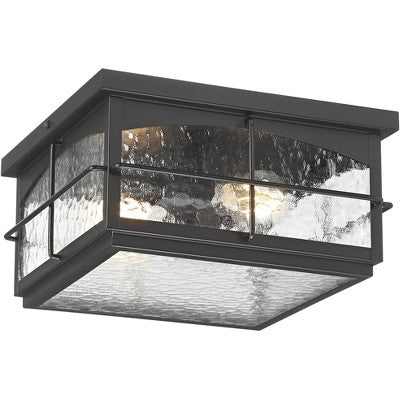  John Timberland Braylon 12" Wide Black And Hammered Glass Outdoor Ceiling Light