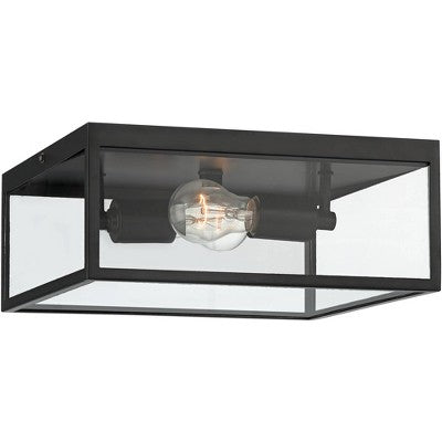 John Timberland Modern Outdoor Ceiling Light Fixture Matte Black 12" Clear Glass Panels Square Exterior House Porch Patio Outside