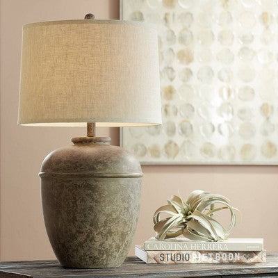  John Timberland Otero Rustic Table Lamp Southwest 27" Tall Faux Mottled Stone Cream Linen Drum Shade For Bedroom Living Room Bedside Nightstand Kids