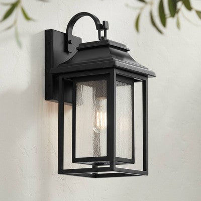  John Timberland Cecile 18 1/4" High Mission Framed Box Outdoor Wall Light Fixture Mount Porch House Waterproof Shiny Black Aluminum Seeded Glass Shade