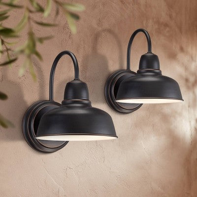  John Timberland Urban Barn Rustic Industrial Farmhouse Outdoor Wall Light Fixtures Set Of 2 Oil Rubbed Bronze Gooseneck Arm 11 1/4" For Post Exterior