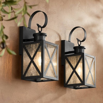  John Timberland Vintage Outdoor Wall Light Fixtures Set Of 2 Textured Black 14 1/2" Dusk To Dawn Motion Sensor For Exterior House