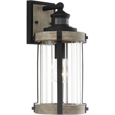  John Timberland Stan Rustic Farmhouse Outdoor Wall Light Fixture Gray Faux Wood Black Motion Sensor 15 1/2" Clear Ribbed Glass For Post Exterior Barn
