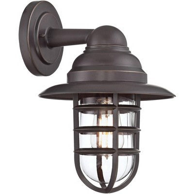  John Timberland Marlowe Industrial Outdoor Wall Light Fixture Galvanized Hooded Cage 13 1/4" Clear Glass For Post Exterior Barn Deck House Porch Yard