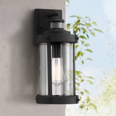 John Timberland Stan Industrial Outdoor Wall Light Fixtures Set Of 2 Textured Black Motion Sensor 15" Clear Glass For Exterior Barn