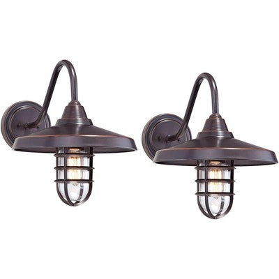  John Timberland Marlowe Rustic Industrial Outdoor Wall Light Fixtures Set Of 2 Painted Bronze Hooded Cage 13" Clear Glass For Exterior