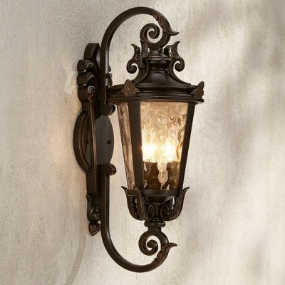  John Timberland Casa Marseille Vintage Rustic Outdoor Wall Light Fixture Bronze Scroll 21 1/2" Hammered Glass For Post Exterior Barn Deck House Porch
