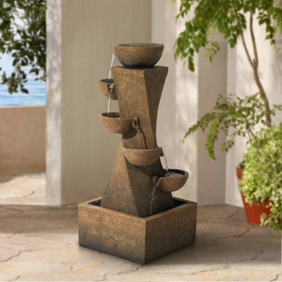  John Timberland Cascading Bowls Rustic Cascading Bowls Outdoor Floor Water Fountain With LED Light 27 1/2" For Yard Garden Patio Home Deck Porch