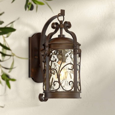  John Timberland Conway Vintage Rustic Outdoor Wall Light Fixture Oil Rubbed Bronze Scroll 17 1/2" Amber Hammered Glass For Post Exterior Barn Deck