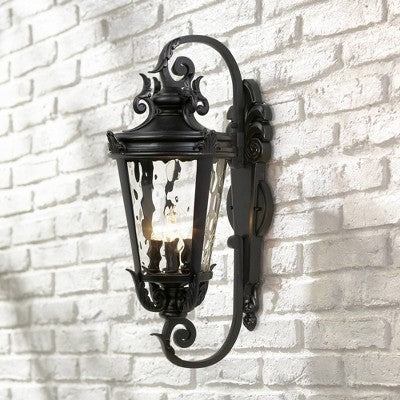  John Timberland Casa Marseille Vintage Rustic Outdoor Wall Light Fixture Black Scroll Arm 27 1/2" Clear Hammered Glass For Post Exterior Barn Deck