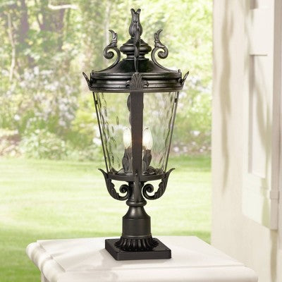  John Timberland Casa Marseille Vintage Outdoor Post Light Textured Black With Pier Mount 29" Clear Hammered Glass For Exterior Barn Deck House Porch