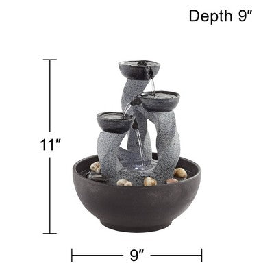  John Timberland Three Twist Column Modern Zen Cascading Bowls Indoor Tabletop Water Fountain With LED Light 11" For Table Office Desk Home Bedroom