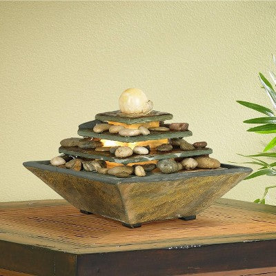  John Timberland Four Tiers Rustic 4 Tier Slate Stone Indoor Tabletop Water Fountain With LED Light 9" For Table Office Desk Home Bedroom Living Room