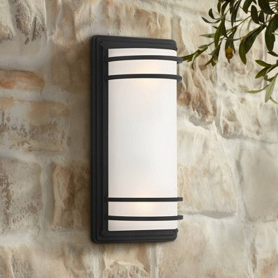  John Timberland Habitat Modern Industrial Outdoor Wall Light Fixtures Set Of 2 Black Metal 16" Frosted Glass For Post Exterior Barn Deck