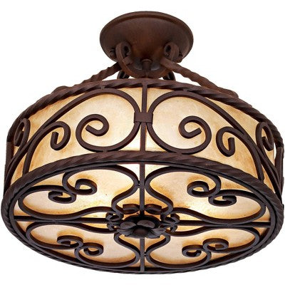  John Timberland Natural Mica Rustic Ceiling Light Semi Flush Mount Fixture 15" Wide Deep Walnut Scroll 3-Light Drum Shade For Bedroom Living Room Home
