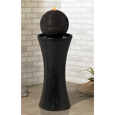  John Timberland Dark Sphere Modern Zen Bubbler Pillar Outdoor Floor Water Fountain With LED Light 30" For Yard Garden Patio Home Deck Porch Exterior