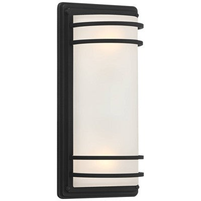  John Timberland Habitat Modern Industrial Outdoor Wall Light Fixtures Set Of 2 Black Metal 16" Frosted Glass For Post Exterior Barn Deck