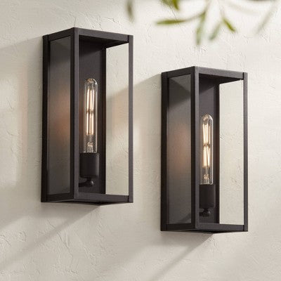  John Timberland Cornell Modern Outdoor Wall Light Fixtures Set Of 2 Sand Black 16" Clear Glass Panels For Post Exterior Barn Deck House