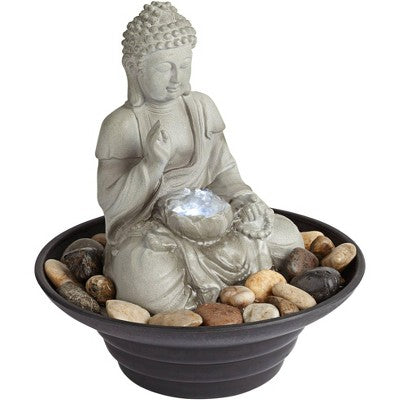  John Timberland Zen Buddha Indoor Tabletop Water Fountain With Light LED 10" High Sitting For Table Desk Office Relaxation