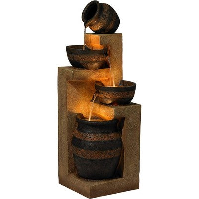  John Timberland Stoneware Bowl And Jar Rustic Cascading Outdoor Floor Water Fountain With LED Light 46" For Yard Garden Patio Home Deck Porch Exterior