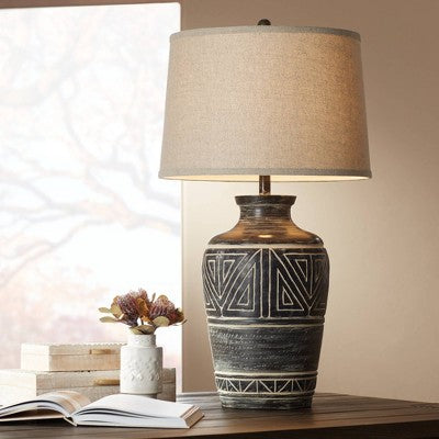  John Timberland Miguel Rustic Table Lamp Southwest 32" Tall Earth Tone Linen Drum Shade For Bedroom Living Room Bedside Nightstand Office Kids House
