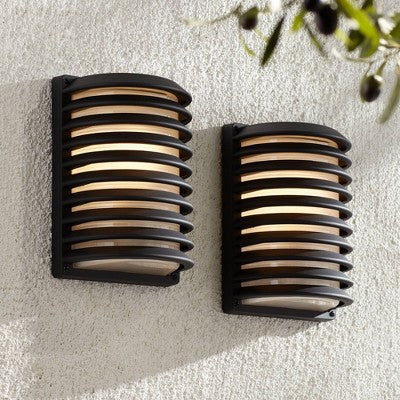  John Timberland Modern Outdoor Wall Light Fixtures Set Of 2 Black Grid 10" Frosted Glass For Post Exterior Barn Deck House Porch Yard Posts Patio Home