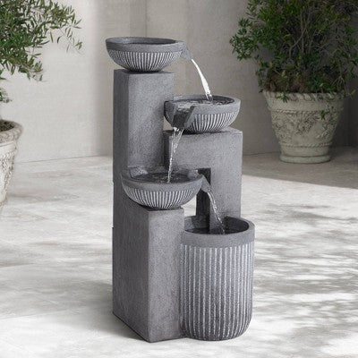  John Timberland Casava Modern 4-Bowl Cascading Outdoor Floor Water Fountain With LED Light 33" For Yard Garden Patio Home Deck Lawn Porch
