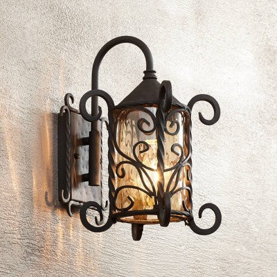  John Timberland Casa Seville Vintage Rustic Outdoor Wall Light Fixture Dark Walnut Scroll 13 1/4" Champagne Hammered Glass For Post Exterior Barn Deck