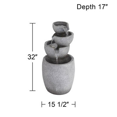  Four Bowls 32" High Large Zen Modern Indoor Outdoor Decor Gray Faux Stone Floor Fountain With Light LED Cascading Outside Garden