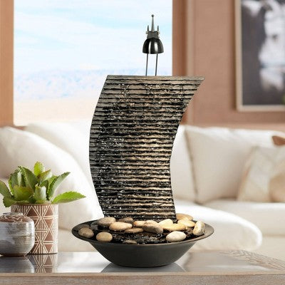  John Timberland Water Ripple Japanese Zen Waterfall Ripple Indoor Tabletop Fountain With Light 17 1/4" For Table Office Desk Home Bedroom Living Room