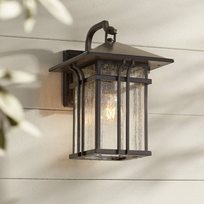  John Timberland Mission Outdoor Wall Light Fixture Painted Bronze 14" Seeded Clear Glass Lantern For House Porch Patio Deck