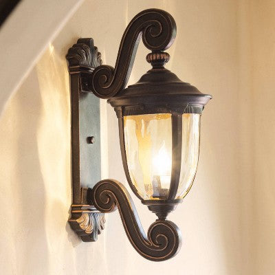  John Timberland Bellagio Vintage Rustic Outdoor Wall Light Fixture Veranda Bronze Dual Scroll Arm 24" Champagne Hammered Glass For Post Exterior Barn