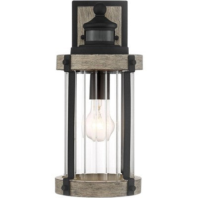  John Timberland Stan Rustic Farmhouse Outdoor Wall Light Fixture Gray Faux Wood Black Motion Sensor 15 1/2" Clear Ribbed Glass For Post Exterior Barn