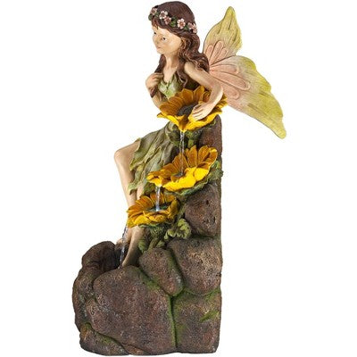  John Timberland Garden Fairy With Sunflowers Modern Cascading Outdoor Floor Water Fountain With LED Light 26" For Yard Garden Patio Home Deck Porch