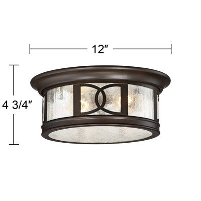  John Timberland Modern Flush Mount Outdoor Ceiling Light Fixture Mission Oil Rubbed Bronze Drum 12" Seedy Glass Damp Rated For Porch Patio