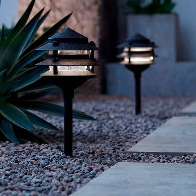  John Timberland Three-Tier Pagoda 11" High Black LED Path Lights Set Of 2