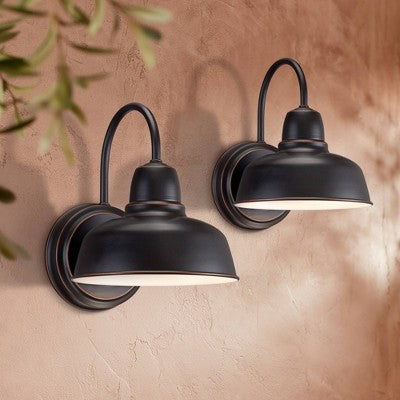  John Timberland Urban Barn Industrial Rustic Wall Light Sconces Set Of 2 Oil Rubbed Bronze Hardwire 8 1/2" Fixture Gooseneck Arm For Bedroom Bathroom