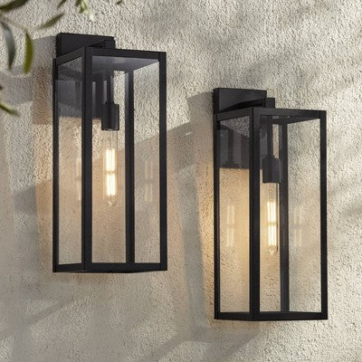  John Timberland Titan Modern Outdoor Wall Light Fixtures Set Of 2 Mystic Black Rectangular Frame 20" Clear Glass For Post Exterior Barn