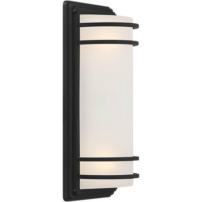 John Timberland Habitat 16" High Modern Outdoor Wall Sconce Light Fixture Mount Porch House Exterior Weatherproof Black Metal Frosted Glass Shade