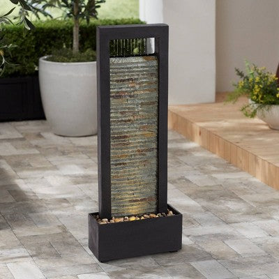  Stave 48" High Large Modern Indoor Outdoor Decor Cream Slate Stone Floor Fountain With Light LED Waterfall Outside Garden Patio Yard