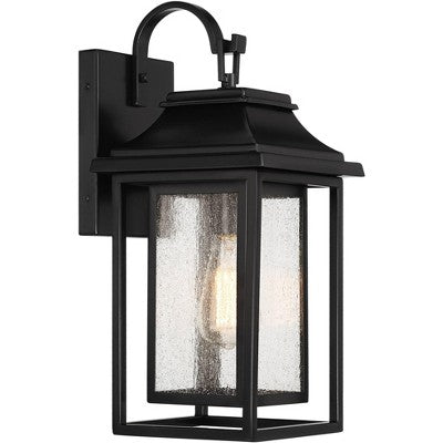  John Timberland Cecile 18 1/4" High Mission Framed Box Outdoor Wall Light Fixture Mount Porch House Waterproof Shiny Black Aluminum Seeded Glass Shade