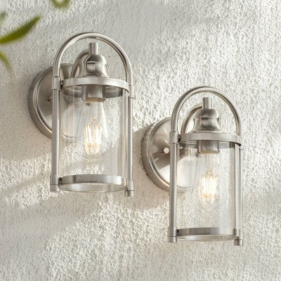  John Timberland Rustic Farmhouse Outdoor Wall Light Fixtures Set Of 2 Brushed Nickel 10 1/4" Clear Glass For Exterior Barn Deck House Porch Yard Patio