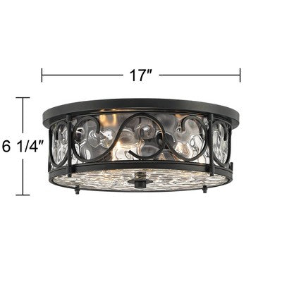  John Timberland Paseo Rustic Industrial Flush Mount Outdoor Ceiling Light Matte Black 6 1/4" Clear Hammered Glass Damp Rated For Post Exterior Barn